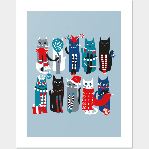 Feline Christmas vibes // print // blue background blue white and black kittens Wall Art by SelmaCardoso